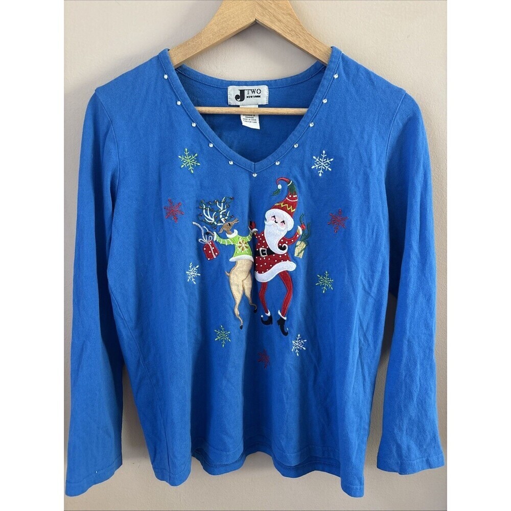 J. Two New York Women’s Medium Blue V-Neck Christmas Tee 3/4 Sleeve Holiday Top